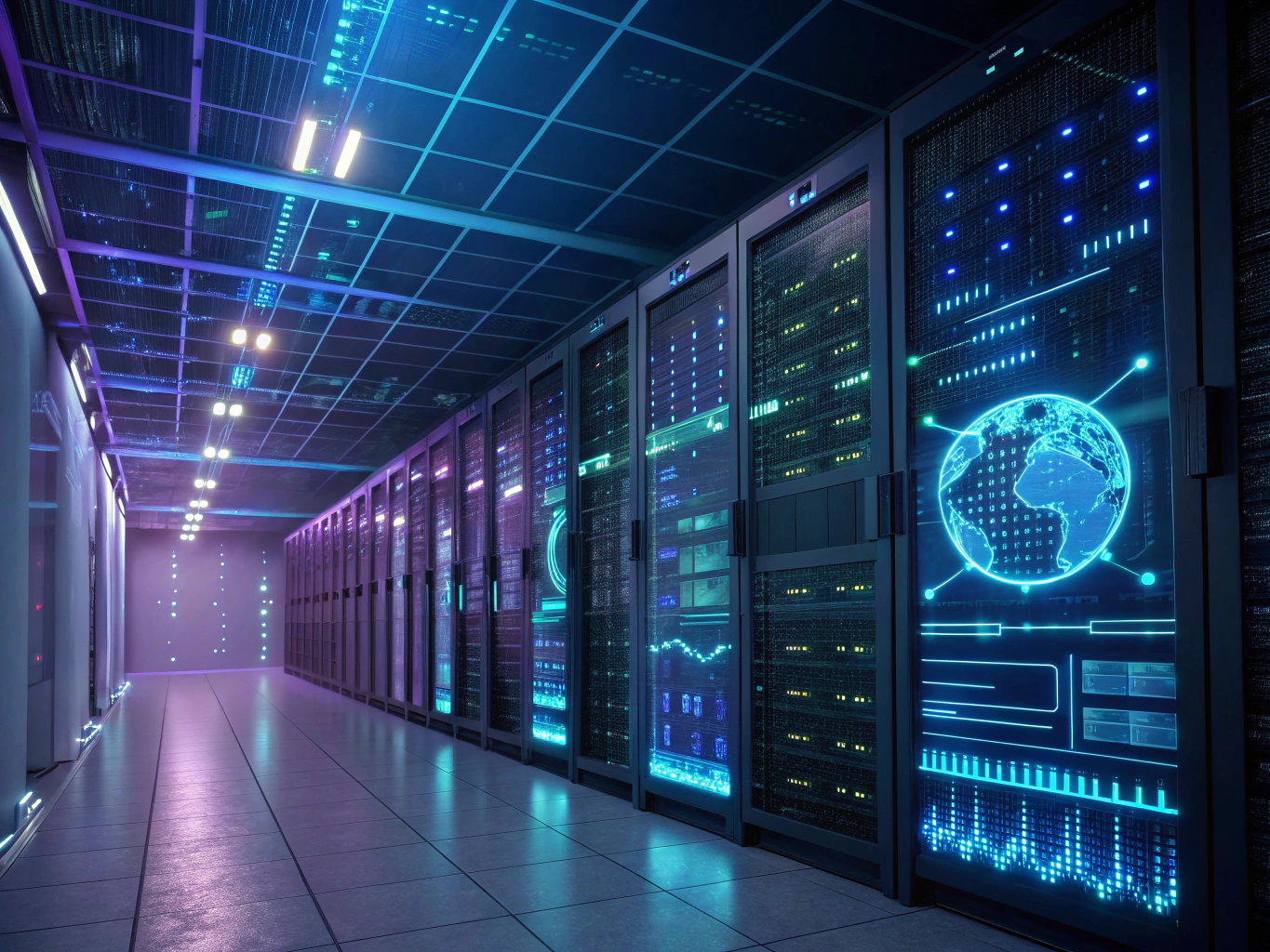 Data streams flowing through interconnected digital nodes in a dark environment