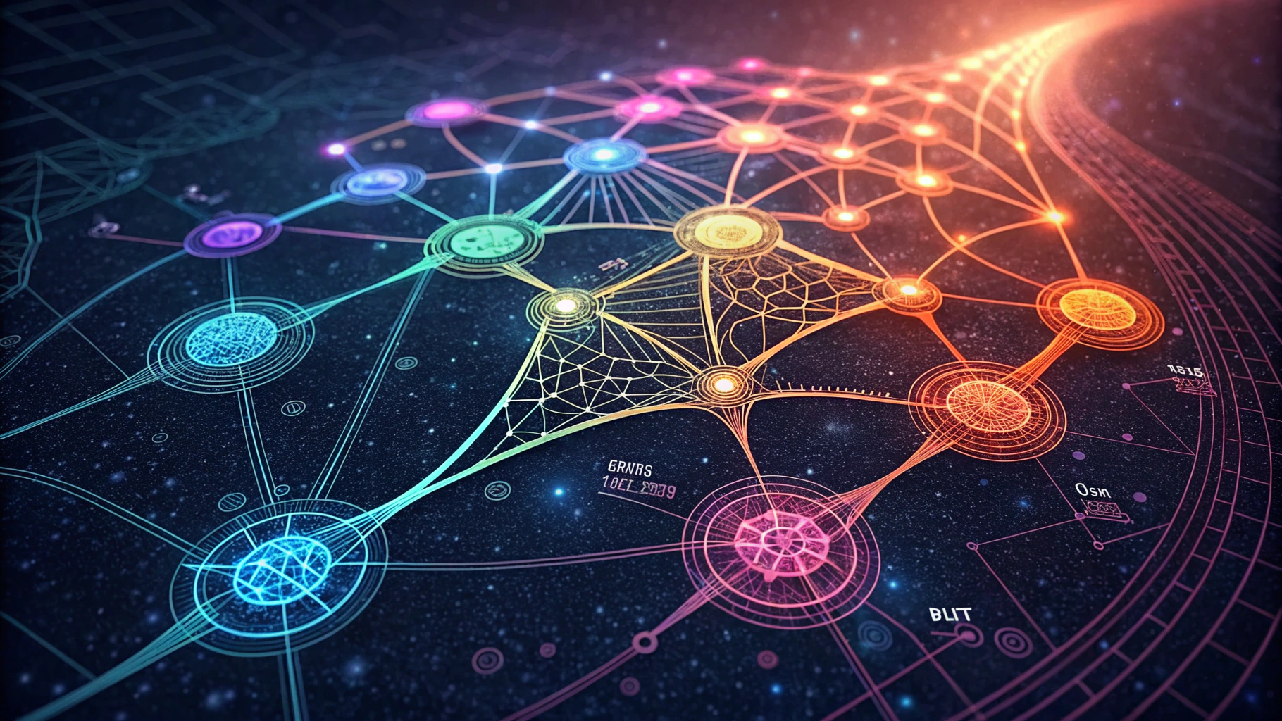 Abstract neural network nodes glowing in magenta against a dark cloud infrastructure background