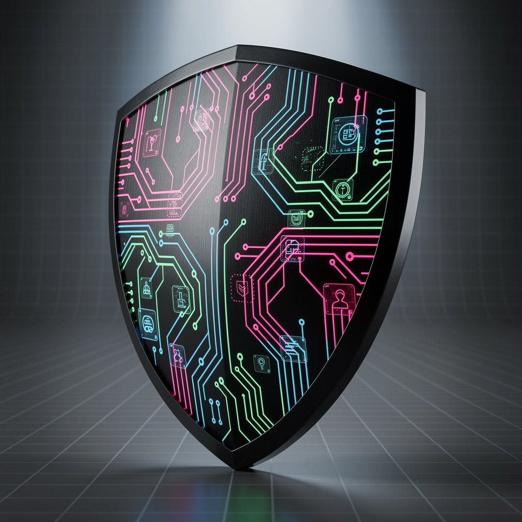 Digital shield icon protecting a glowing data core with magenta accents