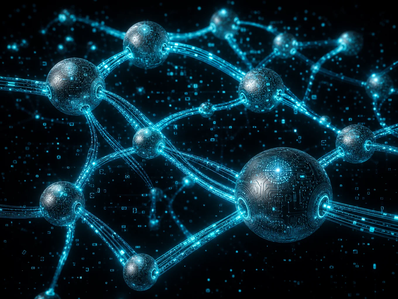 Data streams flowing through interconnected digital nodes in a dark environment
