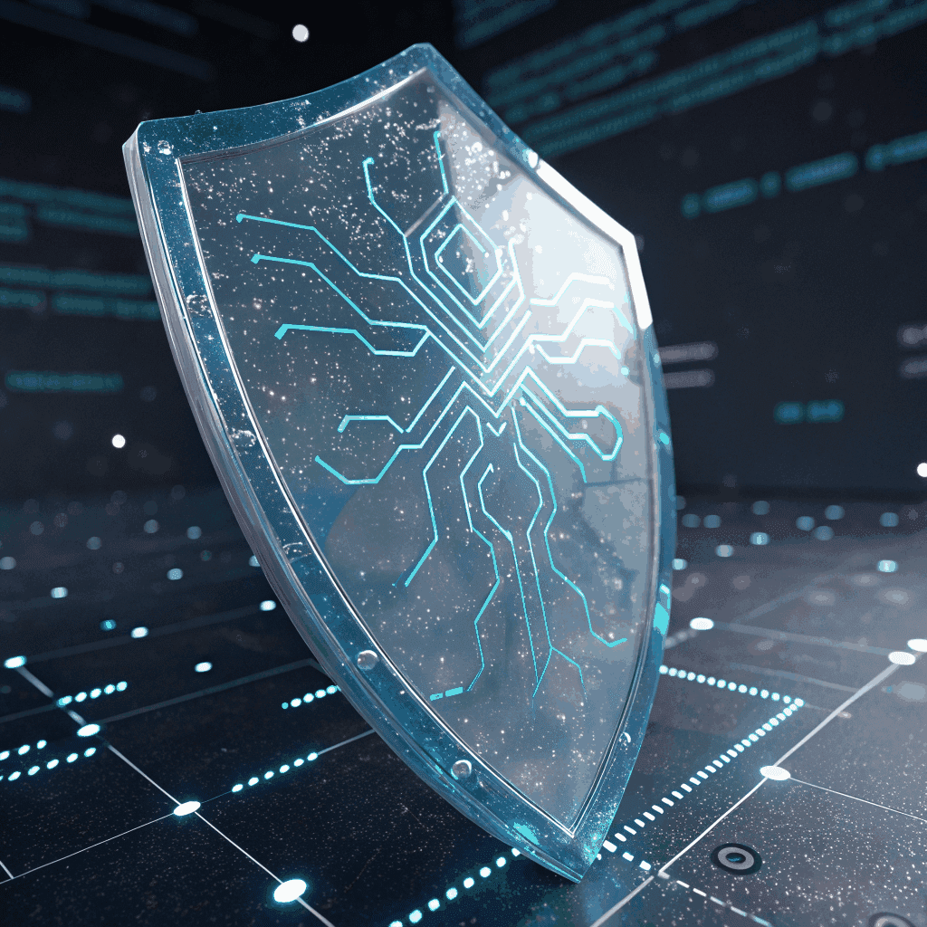 Digital shield icon protecting a glowing data core with magenta accents